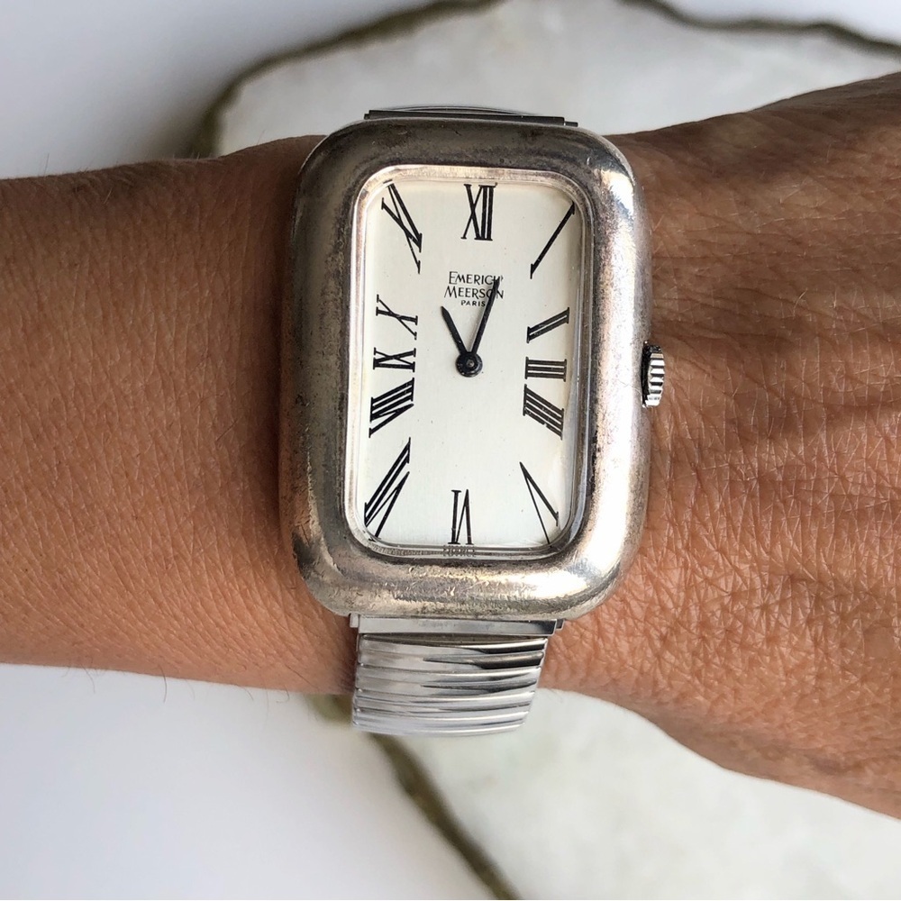 Vintage Emerich Meerson Paris Solid Sterling Silver Tank Rectangle Case Watch - Picture 2 of 9